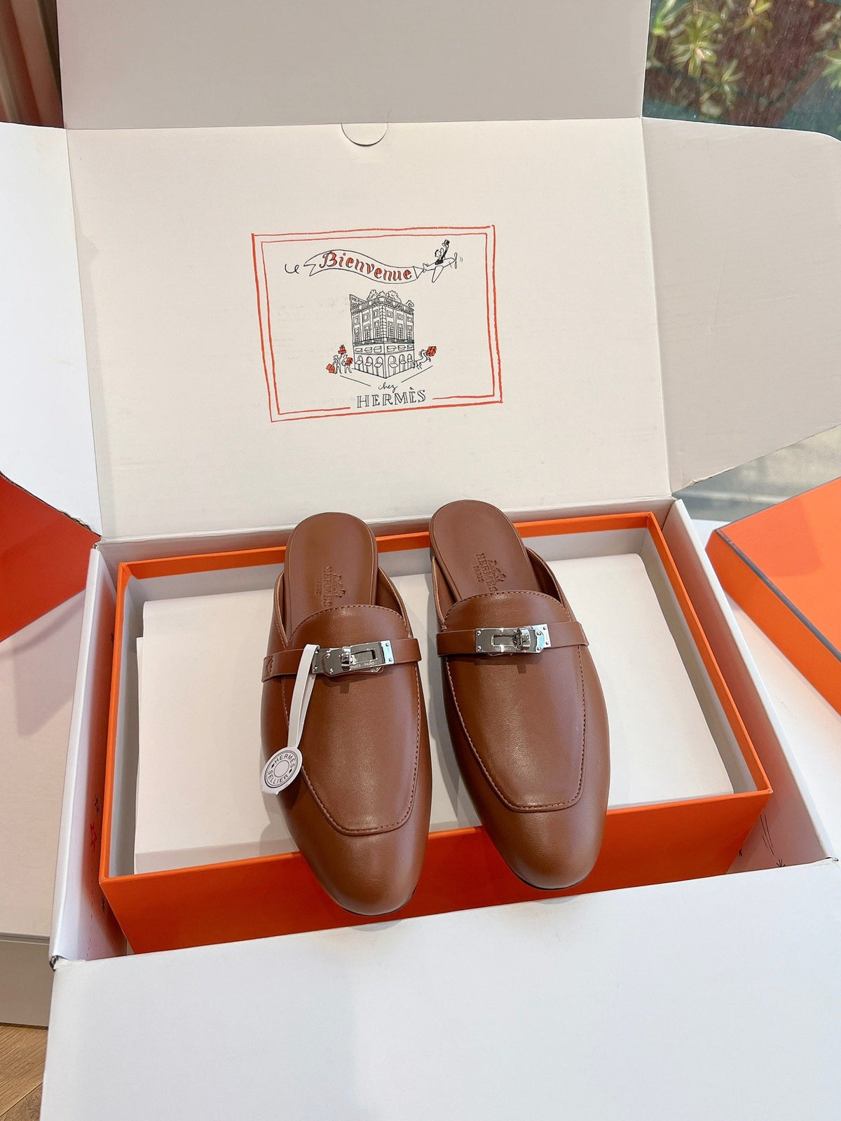 Hermes Women Brown Leather Slip On Mules