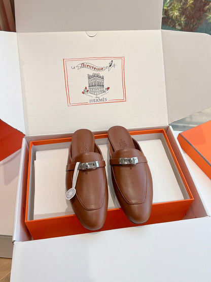 Hermes Women Brown Leather Slip On Mules