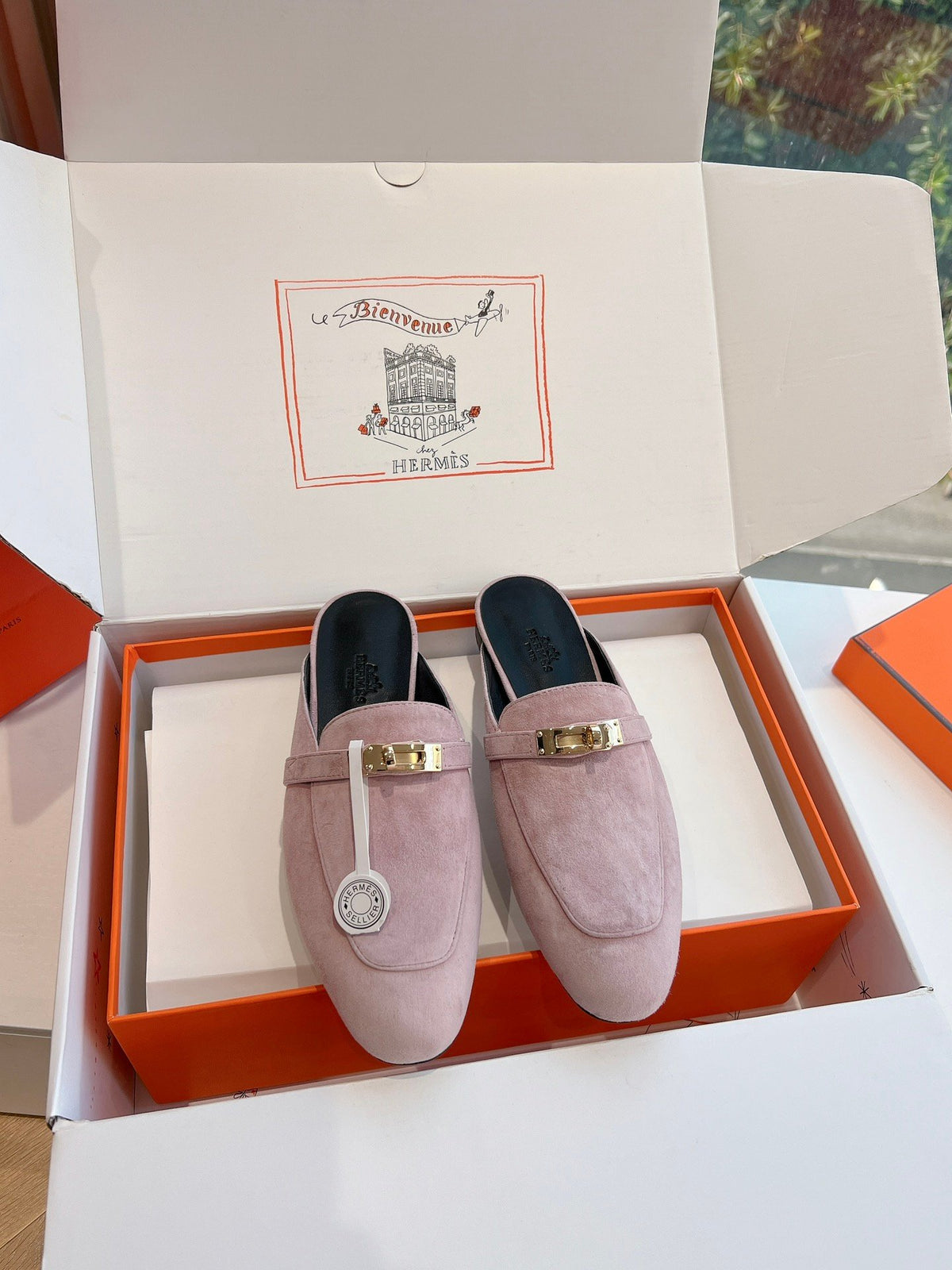 Hermes Women Pink Suede Mules