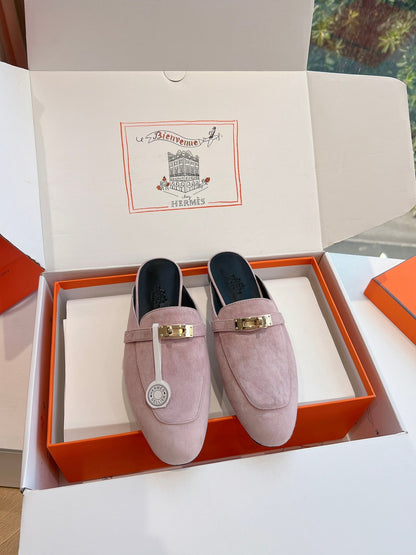 Hermes Women Pink Suede Mules