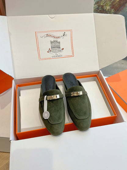 Hermes Women Green Suede Mules