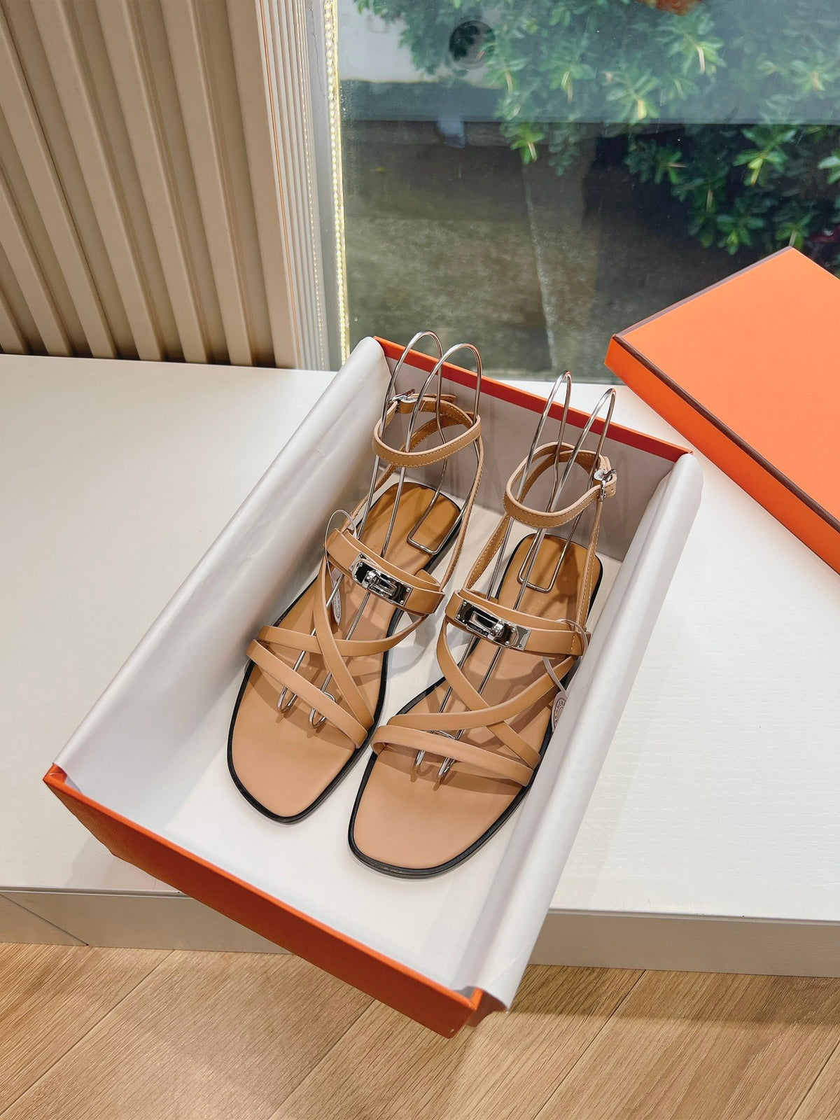 Hermes Women Beige Leather Strappy Sandals