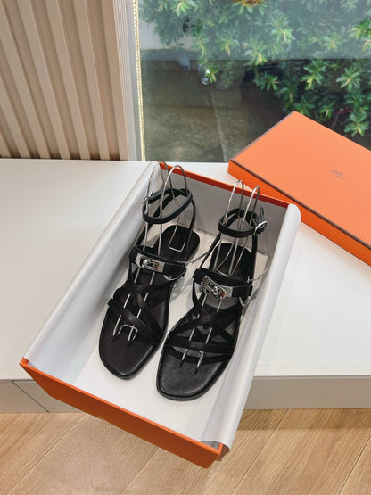 Hermes Women Black Leather Strappy Sandals