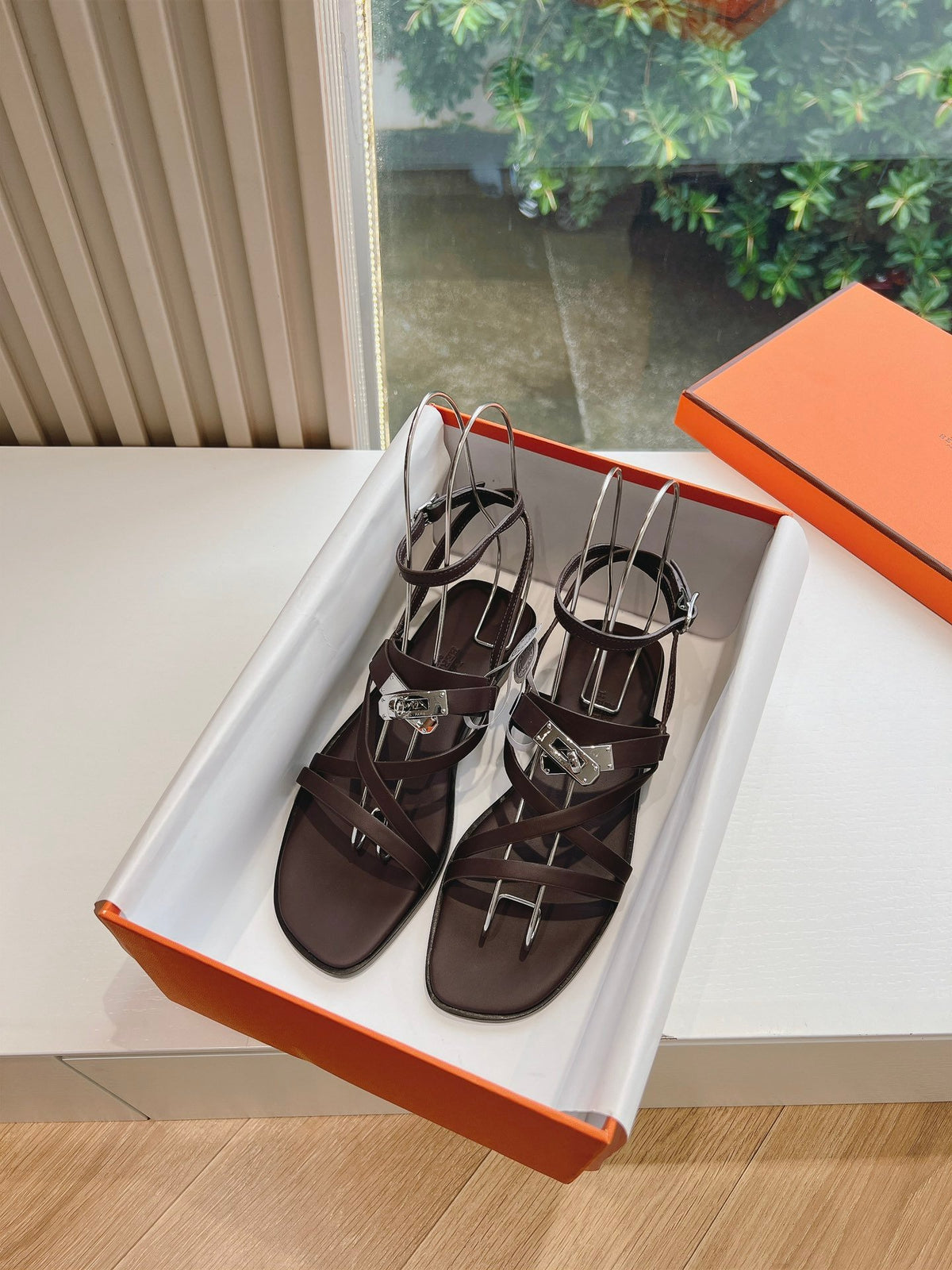 Hermes Women Dark Brown Leather Strappy Sandals