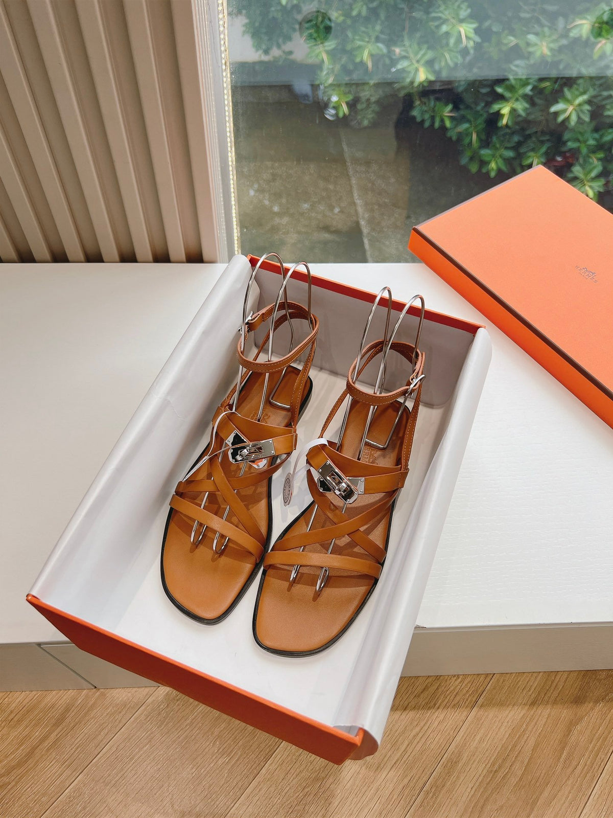 Hermes Women Tan Leather Strappy Sandals