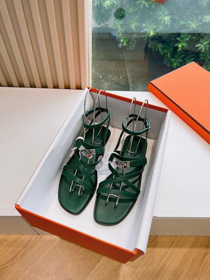 Hermes Women Green Leather Strappy Sandals