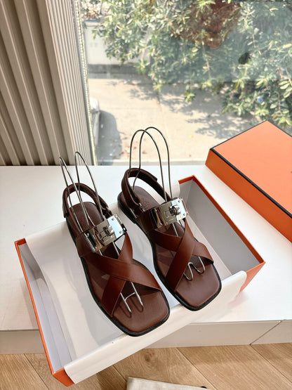 Hermes Women Brown Leather Sandals