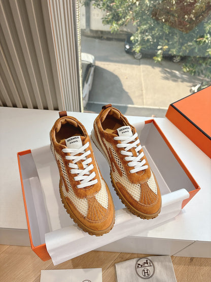 Hermes Women Brown Mesh Suede Sneakers
