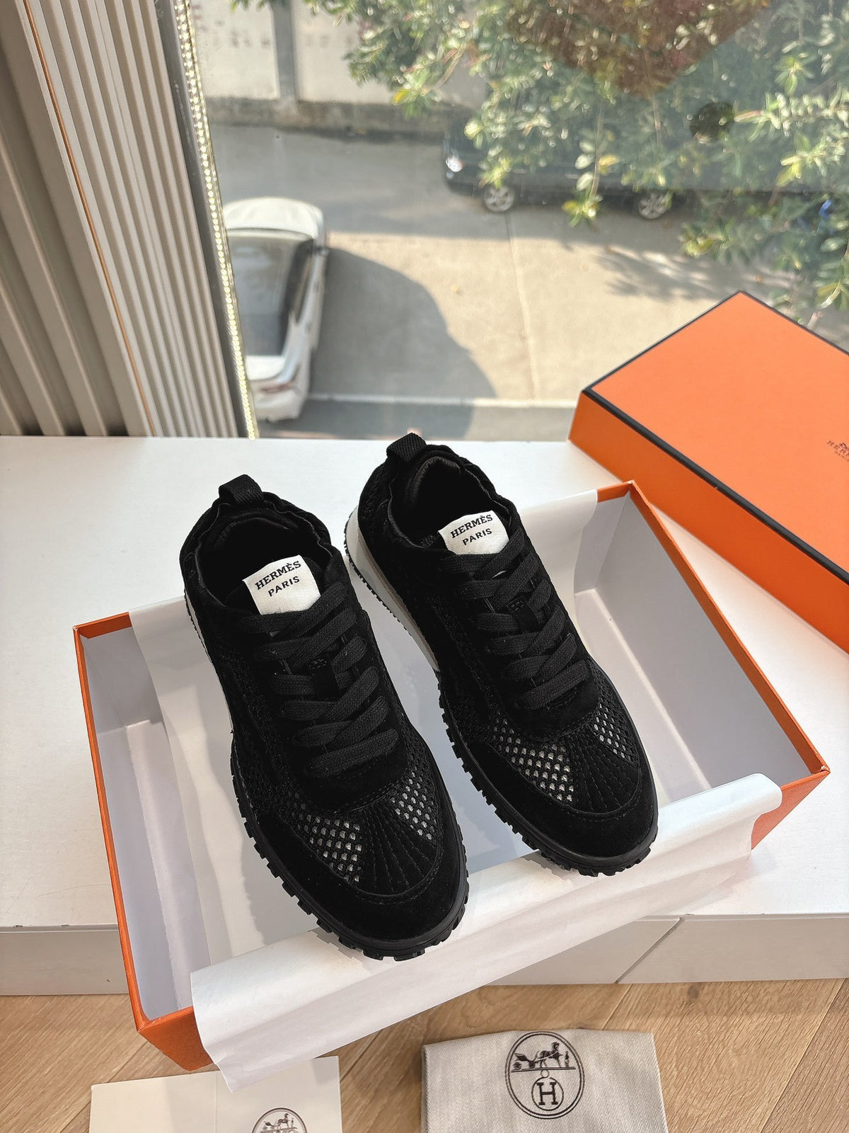 Hermes Women Black Suede Mesh Sneakers