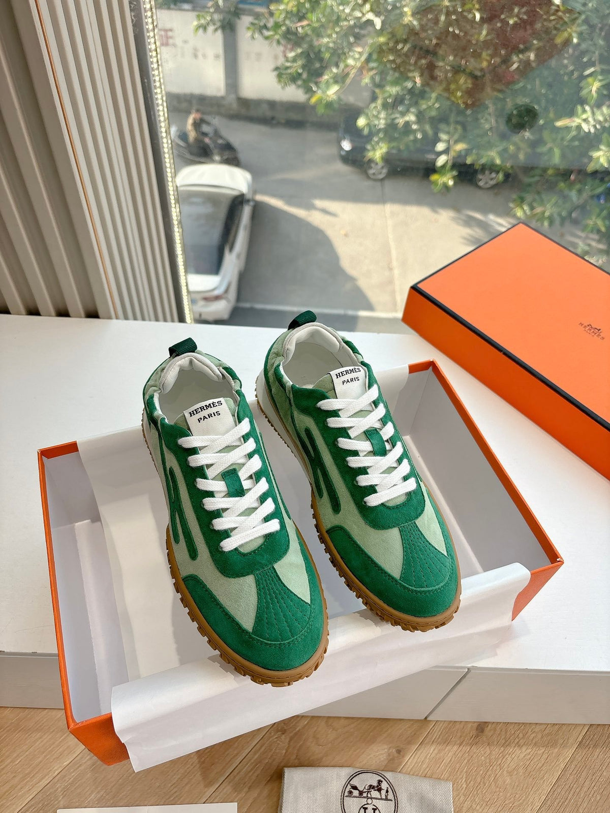 Hermes Women Green Suede Canvas Sneakers