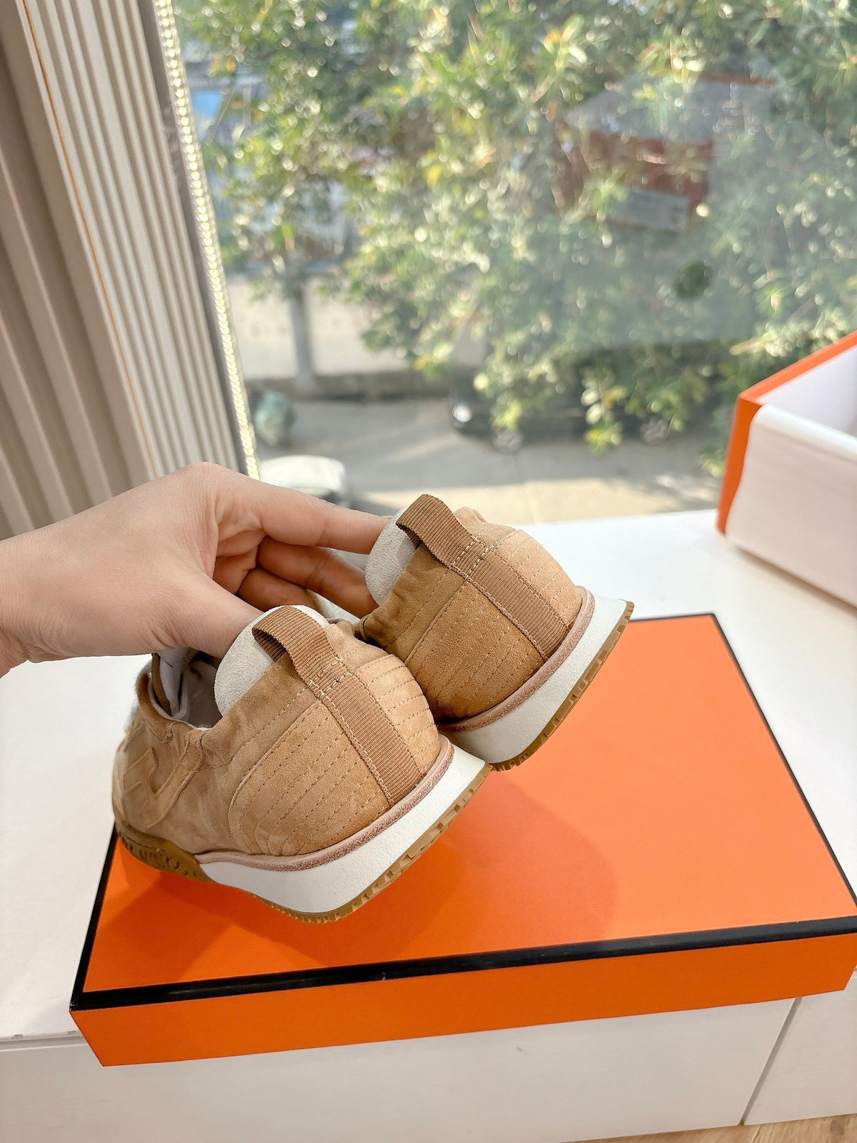 Hermes Women Beige Suede Sneakers