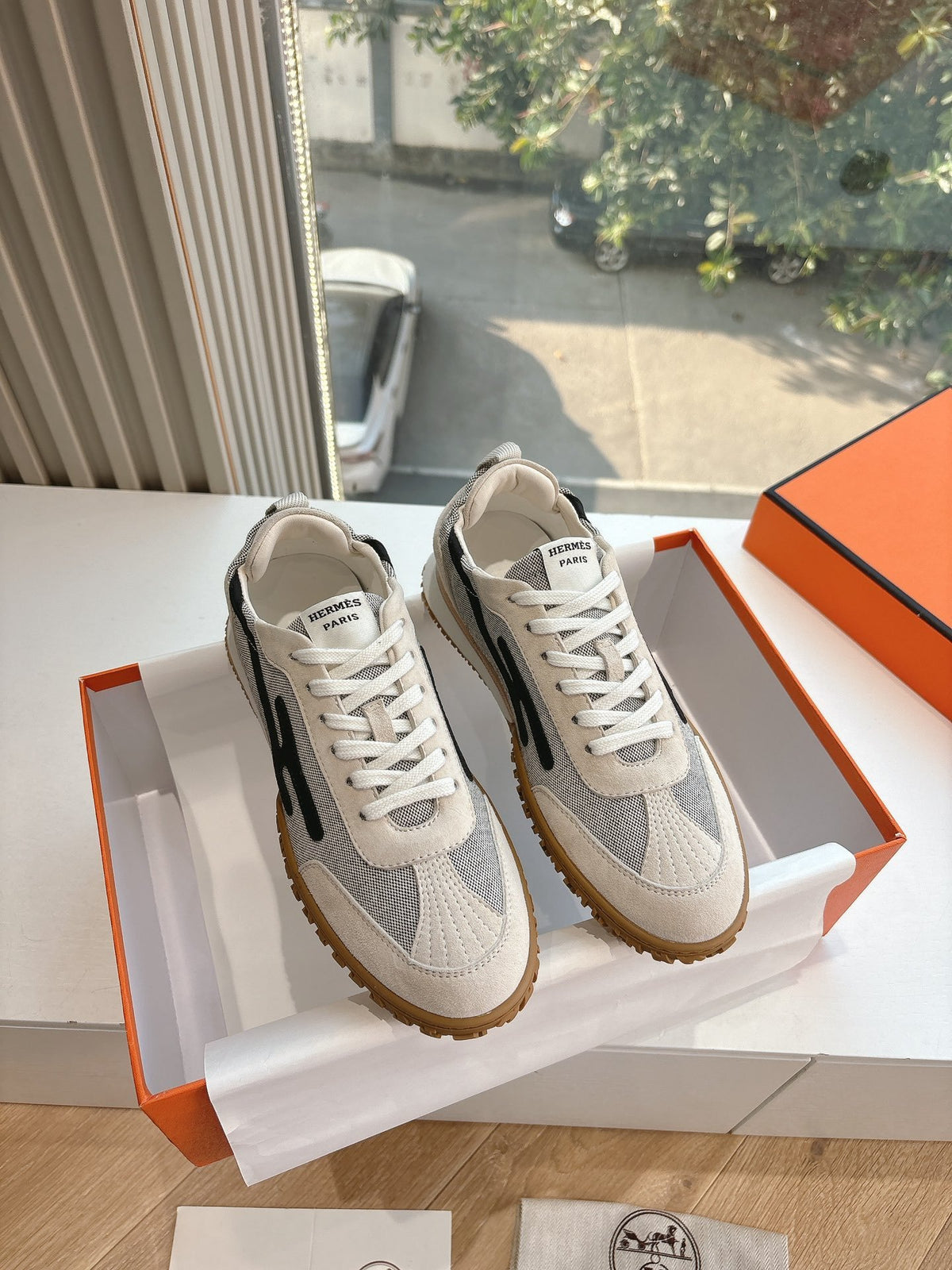 Hermes Women White Suede And Mesh Sneakers