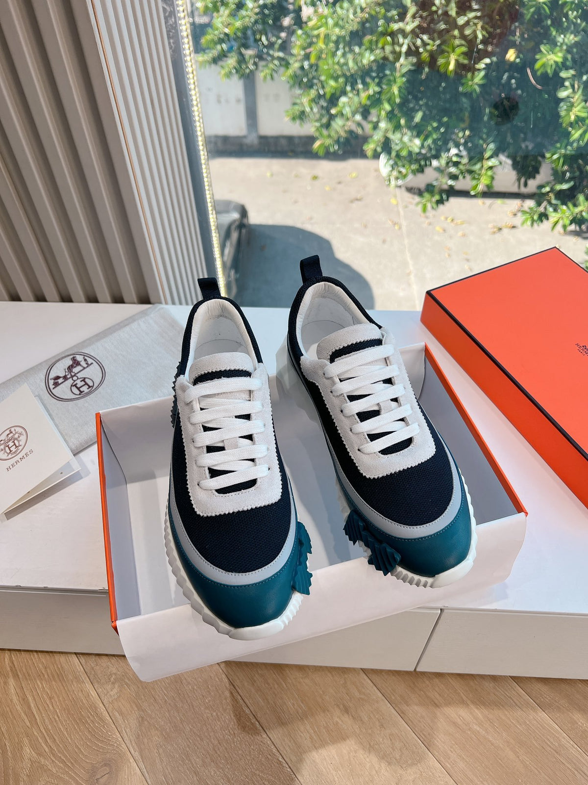 Hermes Women Navy Blue White Mesh Sneakers