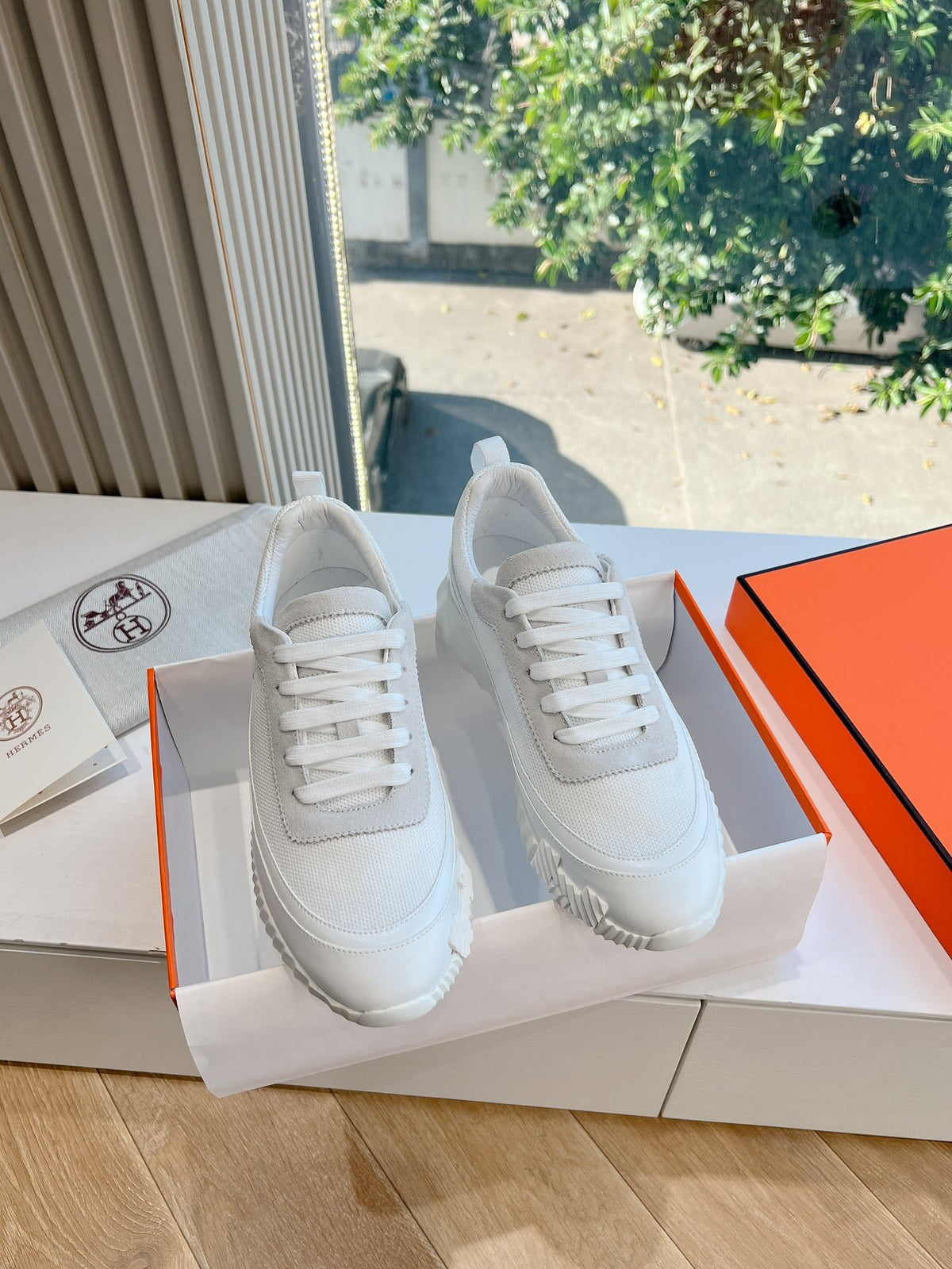 Hermes Women White Mesh And Leather Sneakers