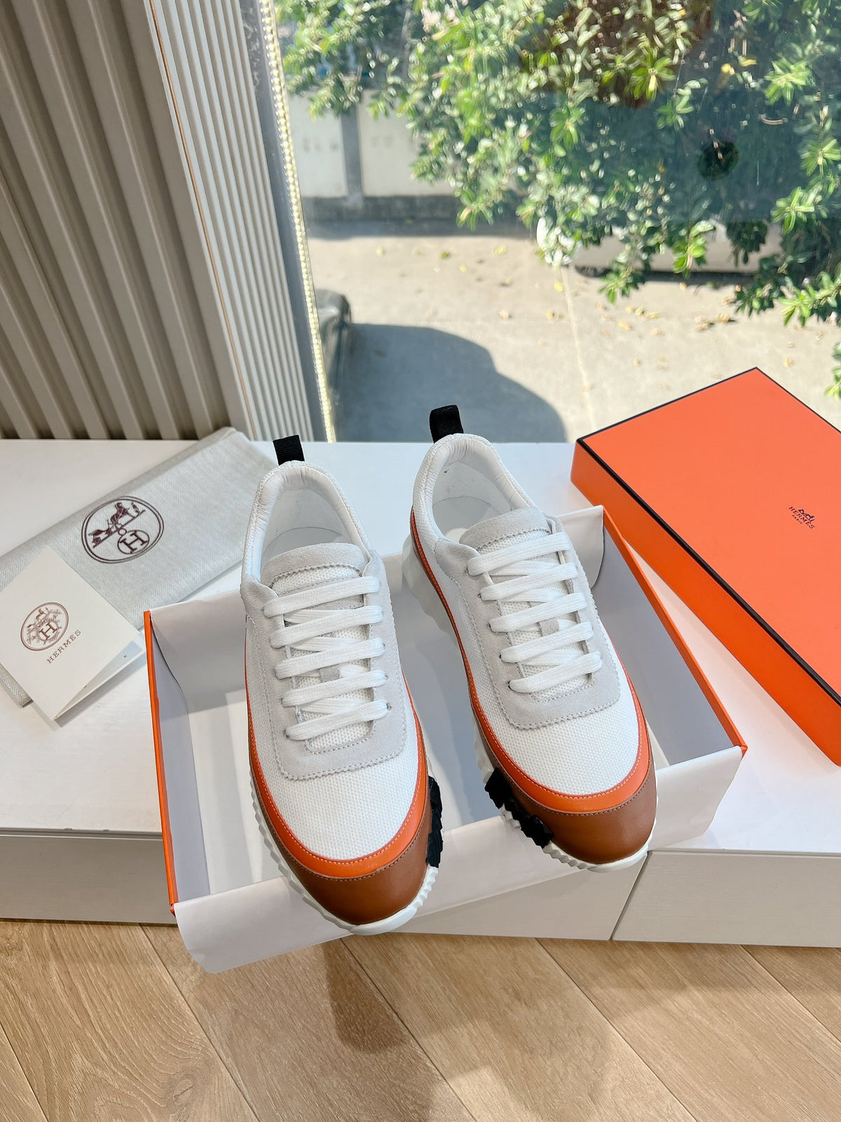 Hermes Women White Brown Leather Mesh Sneakers