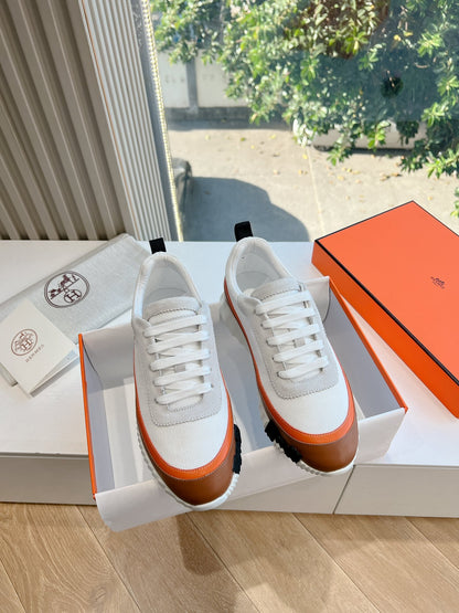 Hermes Women White Brown Leather Mesh Sneakers