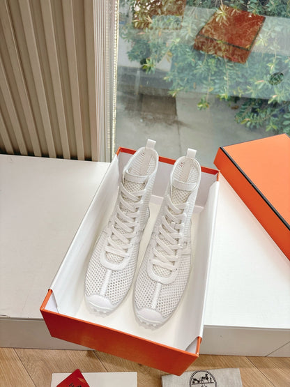 Hermes Women White Mesh Leather Sneakers