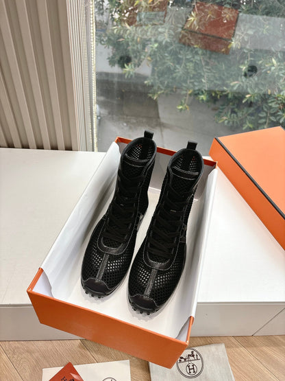 Hermes Women Black Mesh And Leather Boots