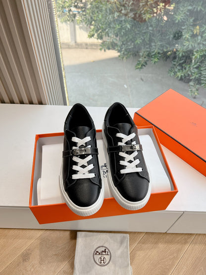 Hermes Women Black Leather Sneakers With Buckle Strap