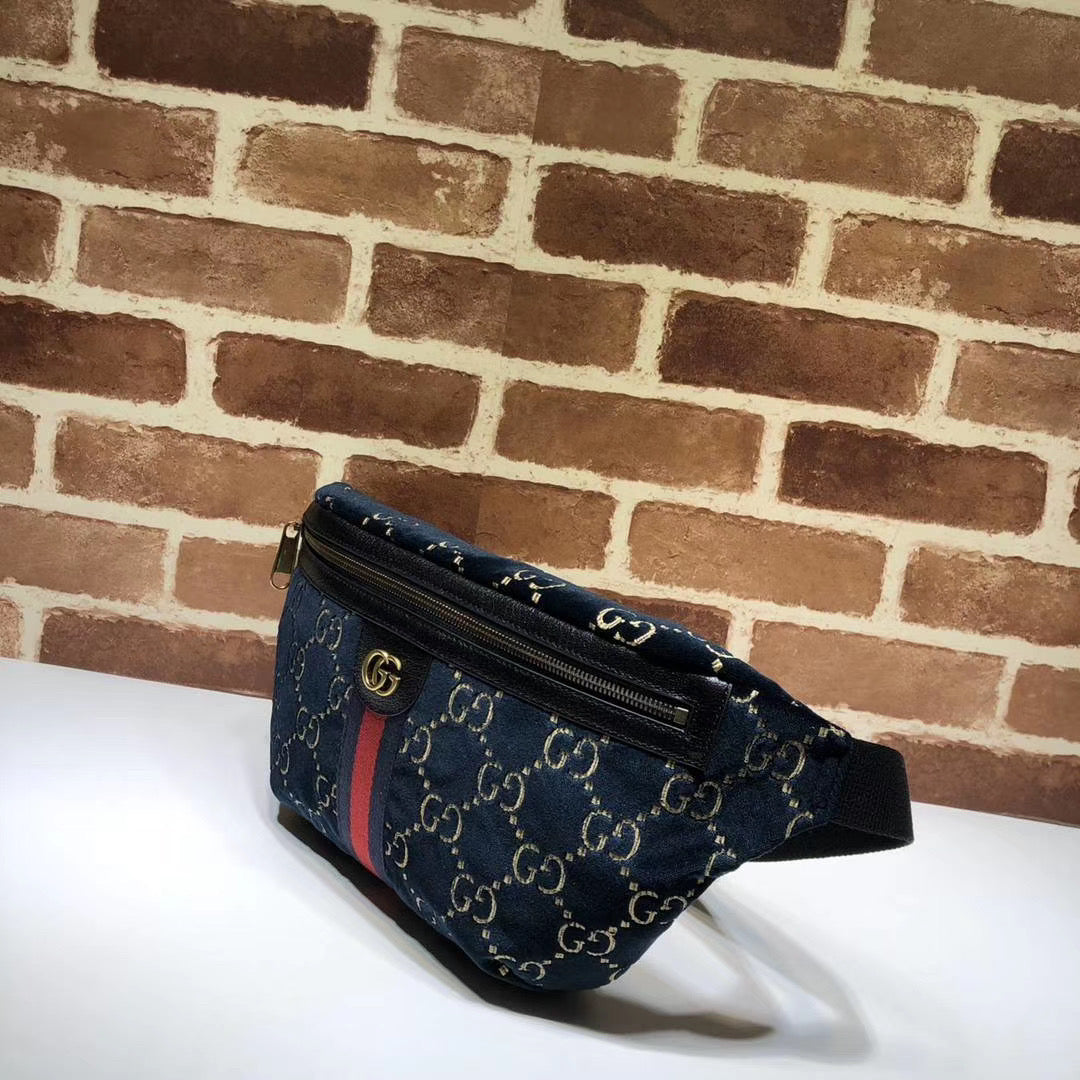 Gucci Belt Bag GG Velvet Blue in Velvet with Brass-tone