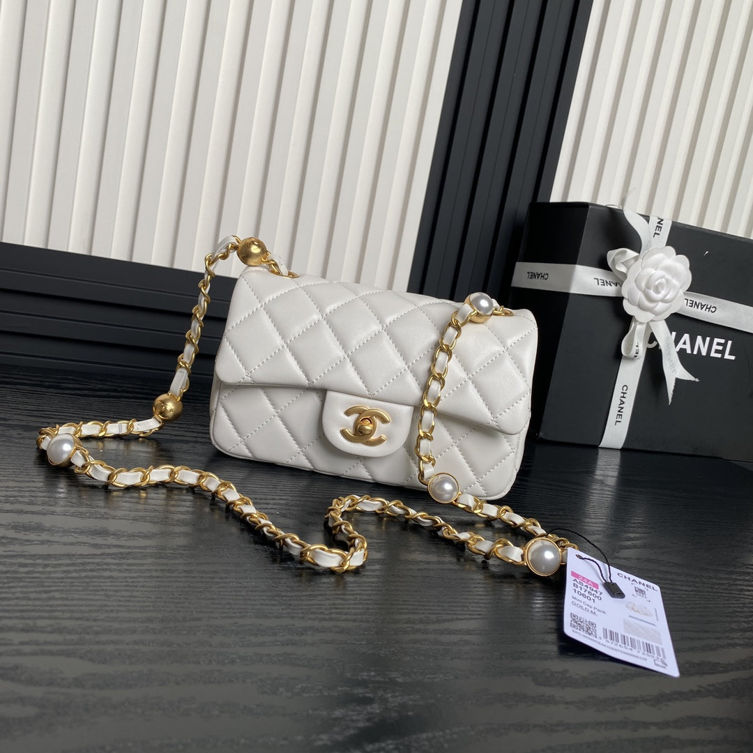 Chanel Mini Flap Bag Top Handle Pearl Chain
