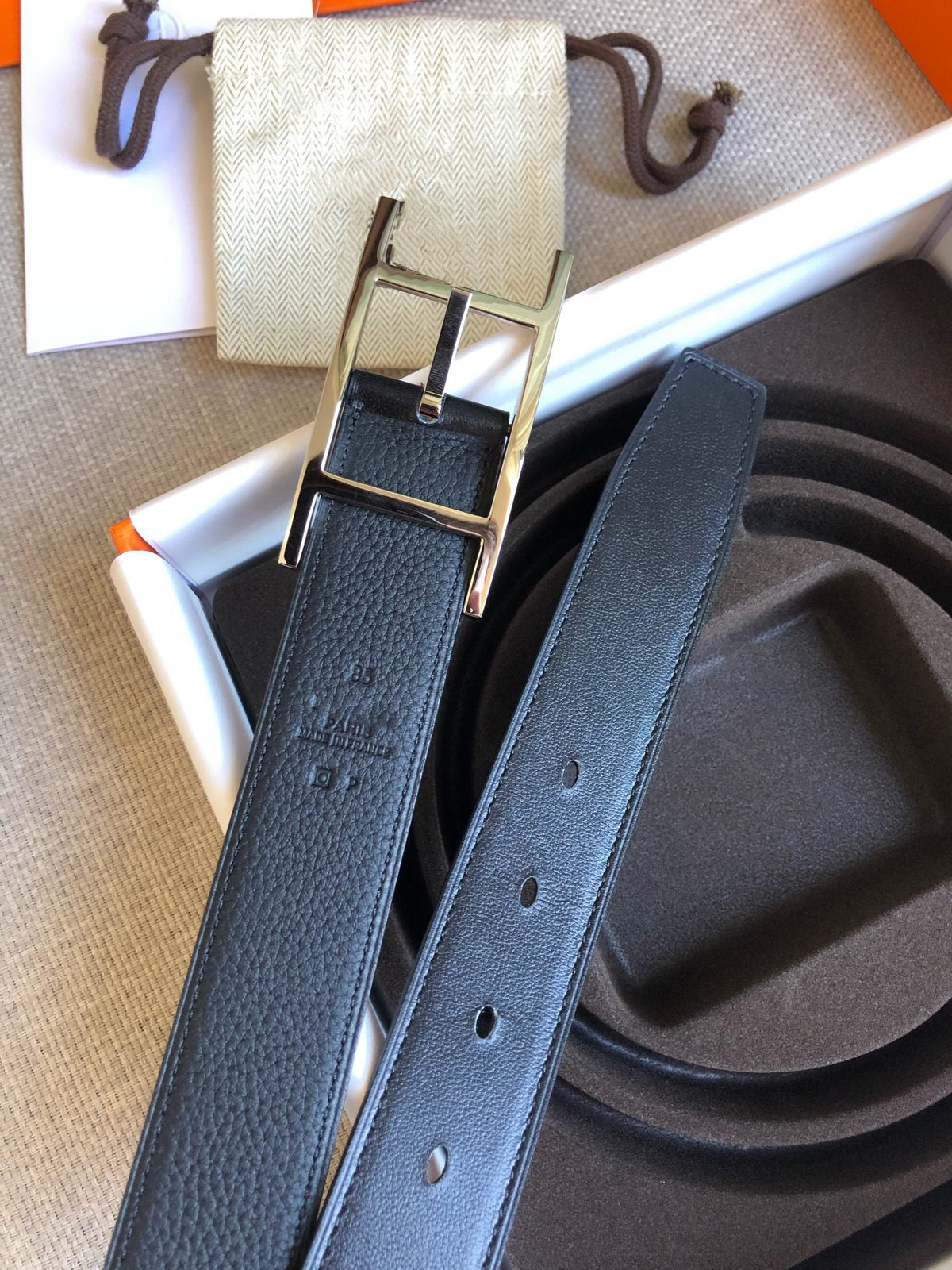 H BELT SILVER BLACK LEATHER REVERSIBLE 3.2CM