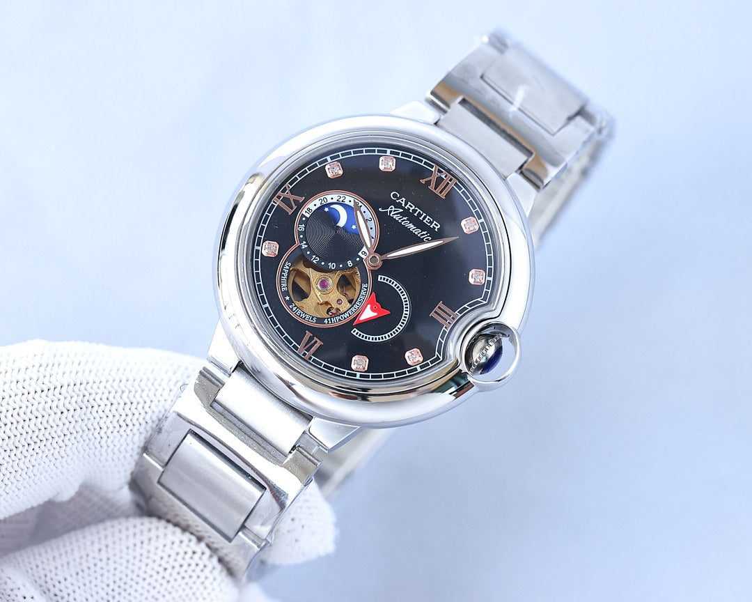 BALLON BLEU 36MM OPEN HEART PINK DIAMOND NUMERALS STEEL STRAP