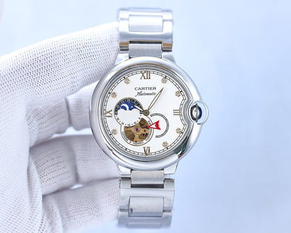 BALLON BLEU 36MM OPEN HEART PINK DIAMOND NUMERALS STEEL STRAP