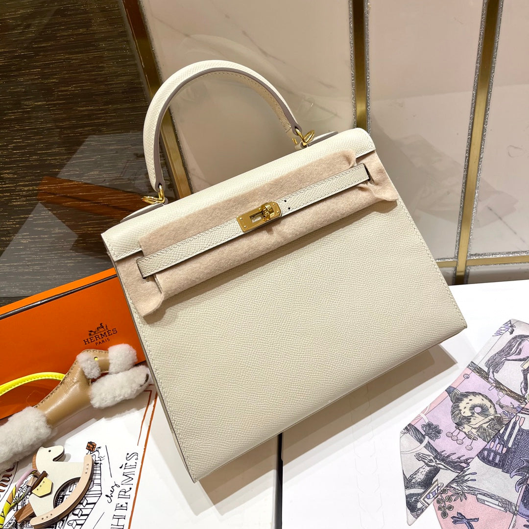 HN 25CM WHITE EPSOM LEATHER GOLD HARDWARE
