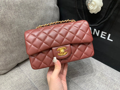 MINI RECTANGLE FLAP BAG 20CM BURGUNDY LAMBSKIN GOLD HARDWARE
