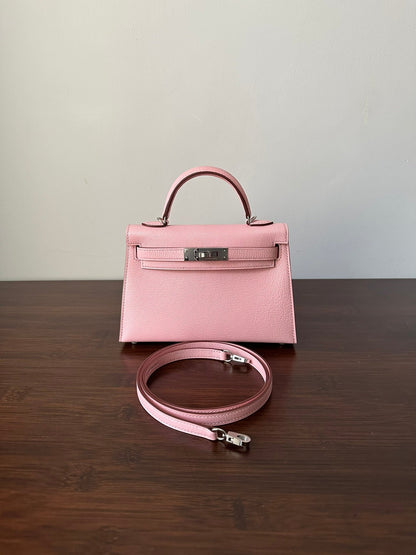HN Mini Kelly 20 bag in Rose Sakura leather with silver hardware