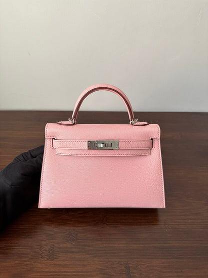 HN Mini Kelly 20 bag in Rose Sakura leather with silver hardware