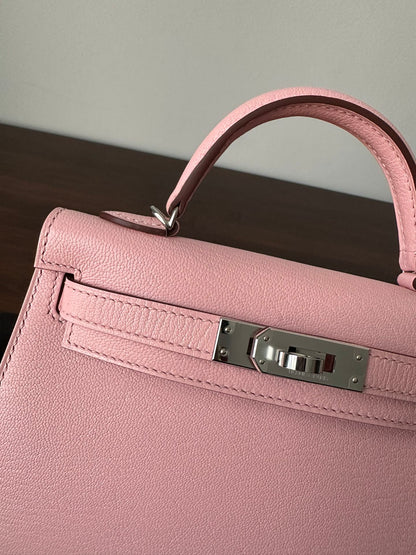 HN Mini Kelly 20 bag in Rose Sakura leather with silver hardware