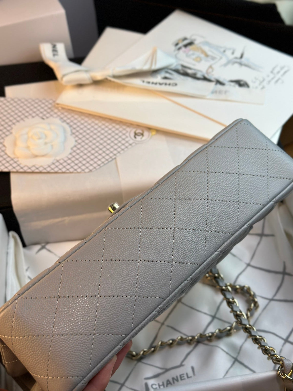 CHANEL FLAP BAG 25CM GOLD HARDWARE GREY CAVIAR