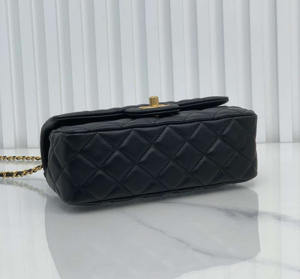CHANEL Lambskin Quilted Mini Rectangular Sweet Camellia Flap Black