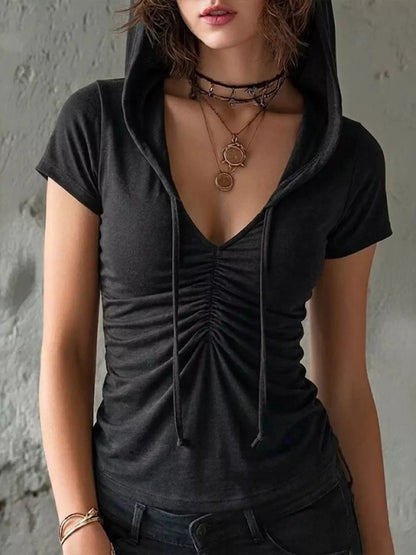 Ruched Short Sleeve Hooded T-Shirt