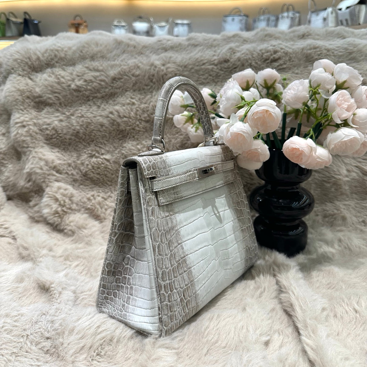 Hermes Kelly 25cm Himalaya Crocodile Leather Silver Hardware