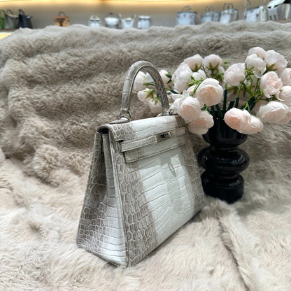 Hermes Kelly 25cm Himalaya Crocodile Leather Silver Hardware