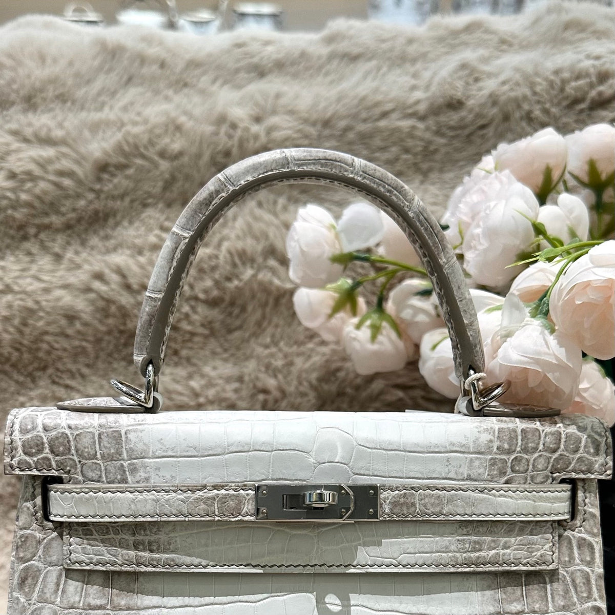 Hermes Kelly 25cm Himalaya Crocodile Leather Silver Hardware