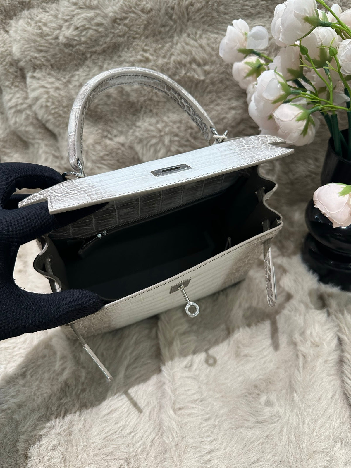 Hermes Kelly 25cm Himalaya Crocodile Leather Silver Hardware
