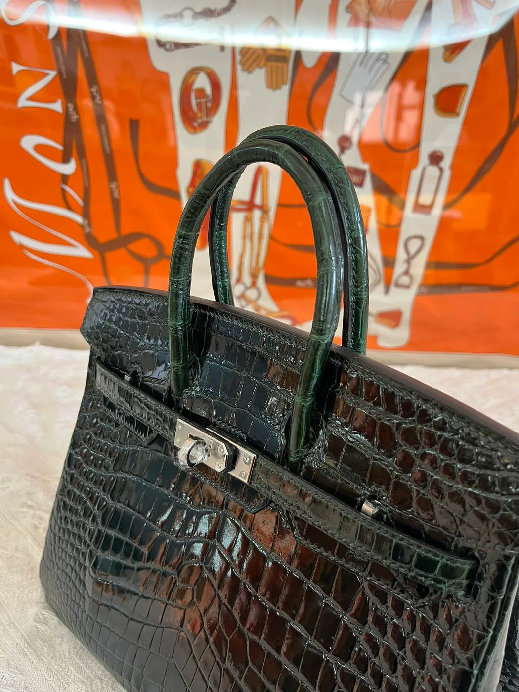 Hermes Birkin 25cm Emerald Green Crocodile Leather Silver Hardware