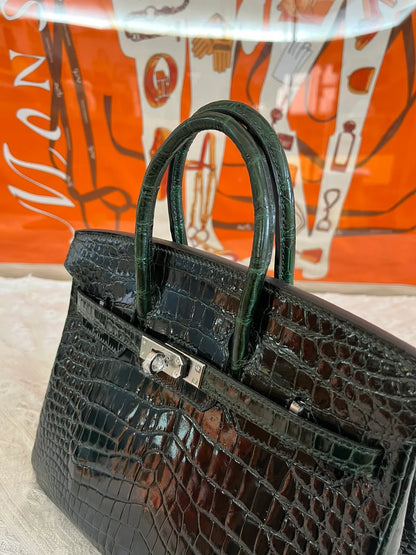 Hermes Birkin 25cm Emerald Green Crocodile Leather Silver Hardware