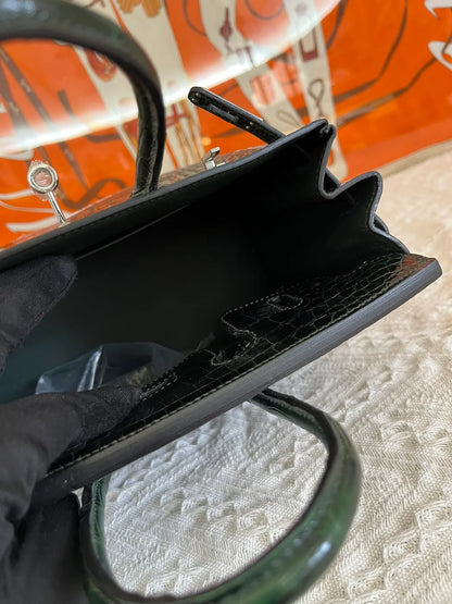 Hermes Birkin 25cm Emerald Green Crocodile Leather Silver Hardware