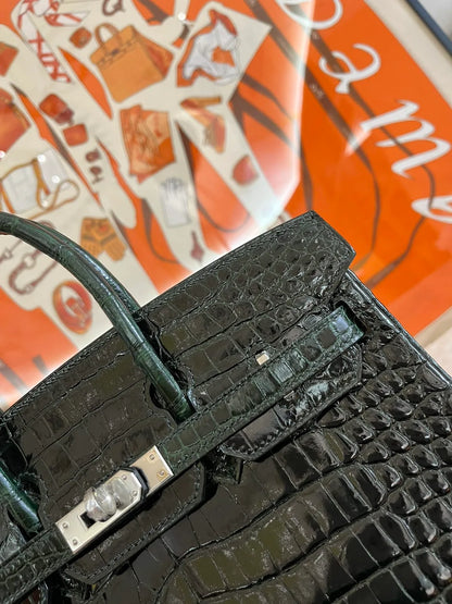 Hermes Birkin 25cm Emerald Green Crocodile Leather Silver Hardware