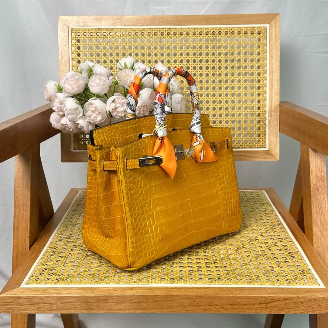 Hermes Birkin 25cm Amber Yellow Crocodile Leather Silver Hardware