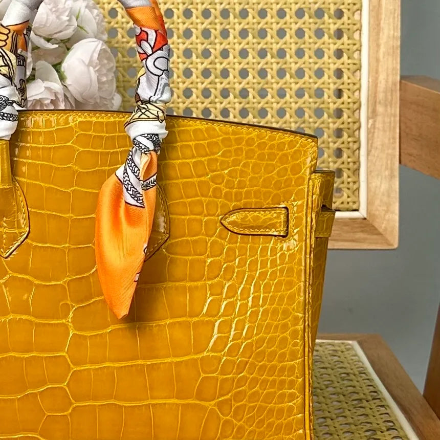 Hermes Birkin 25cm Amber Yellow Crocodile Leather Silver Hardware