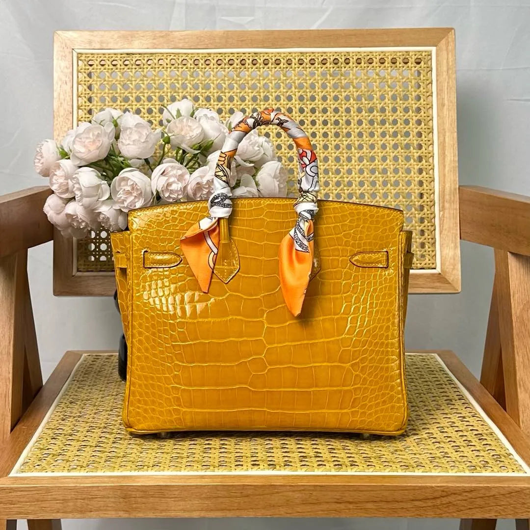 Hermes Birkin 25cm Amber Yellow Crocodile Leather Silver Hardware