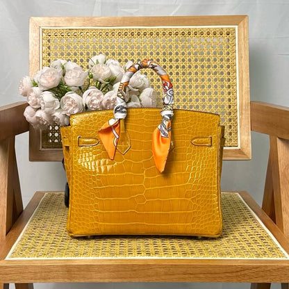 Hermes Birkin 25cm Amber Yellow Crocodile Leather Silver Hardware