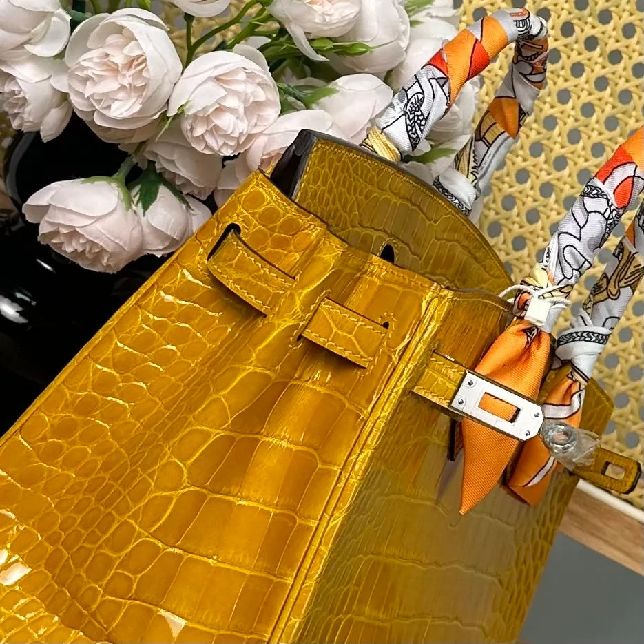 Hermes Birkin 25cm Amber Yellow Crocodile Leather Silver Hardware