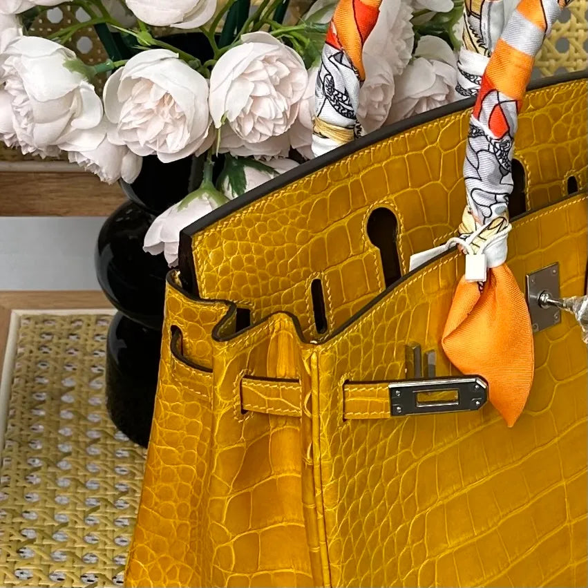 Hermes Birkin 25cm Amber Yellow Crocodile Leather Silver Hardware